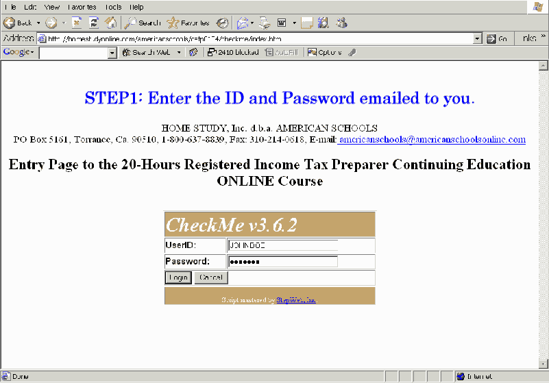 Enter ID and Password Screen